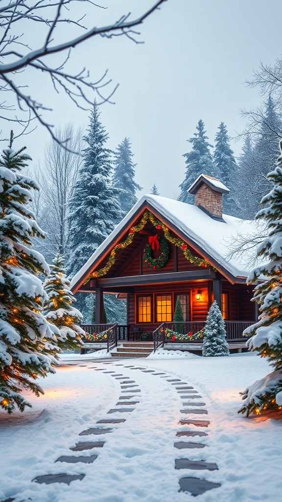 A festive Christmas background with a snowy cabin, twinkling lights, and decorated trees.